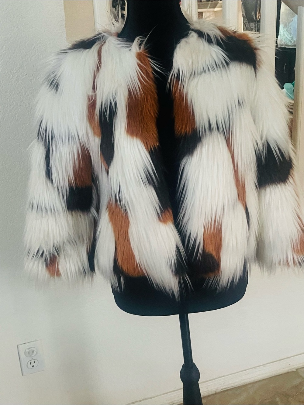 Women’s Faux Fur Patchwork Jacket - White, Brown & Black